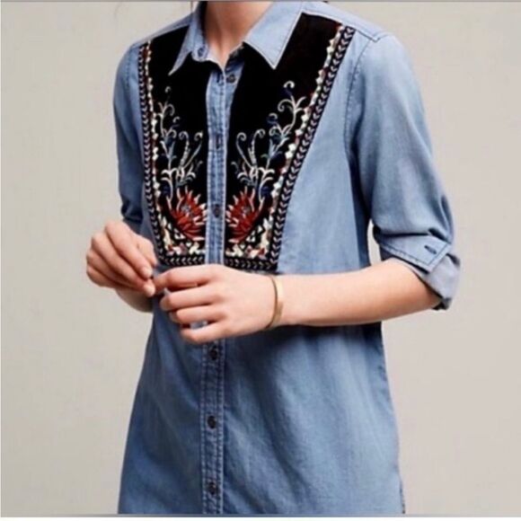 Anthropologie Holding Horses Denim Embroidered Long Sleeve Shirt| Size 4 - Picture 1 of 7